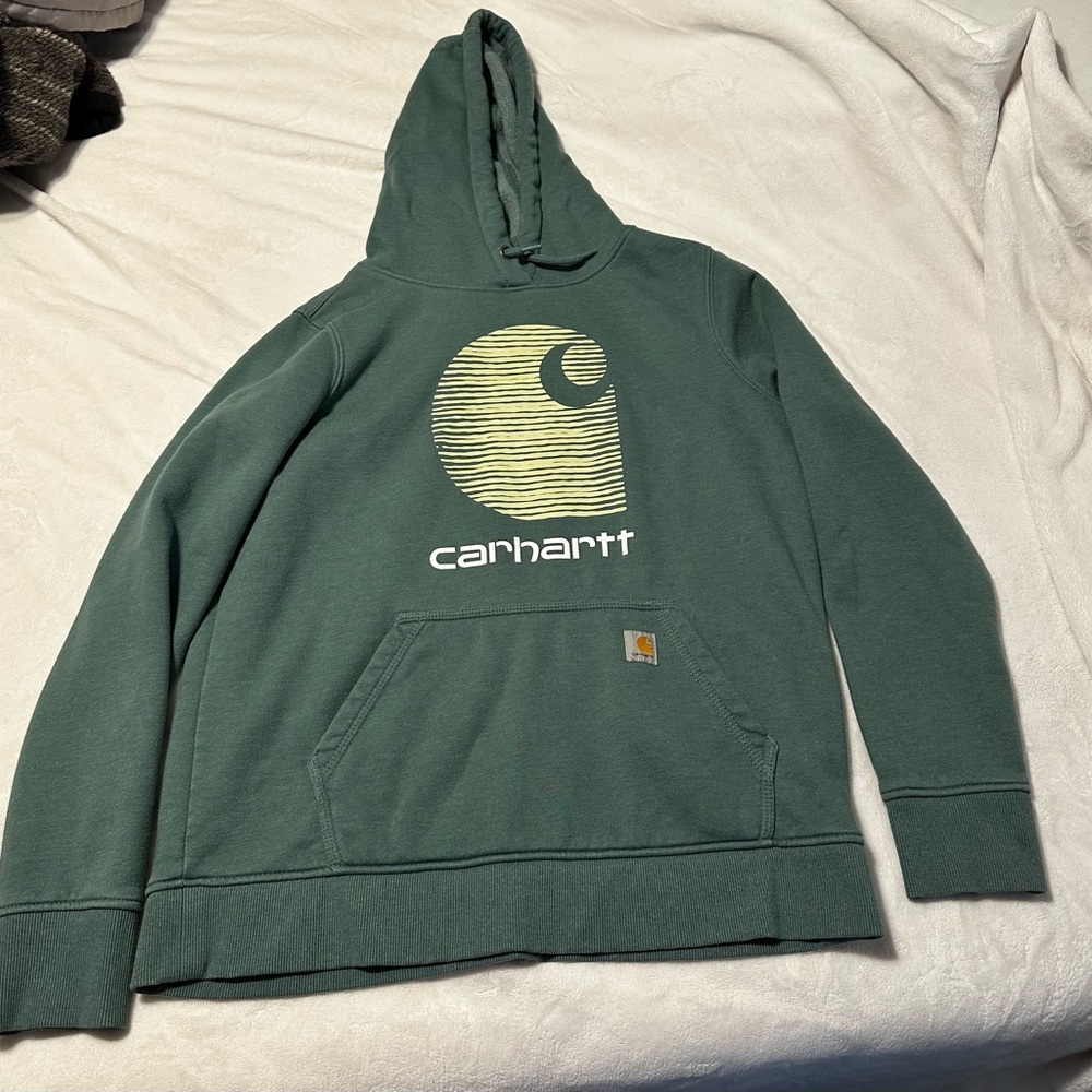 Carhartt Men's Dark Green Crewneck Hoodie with Yellow Logo
